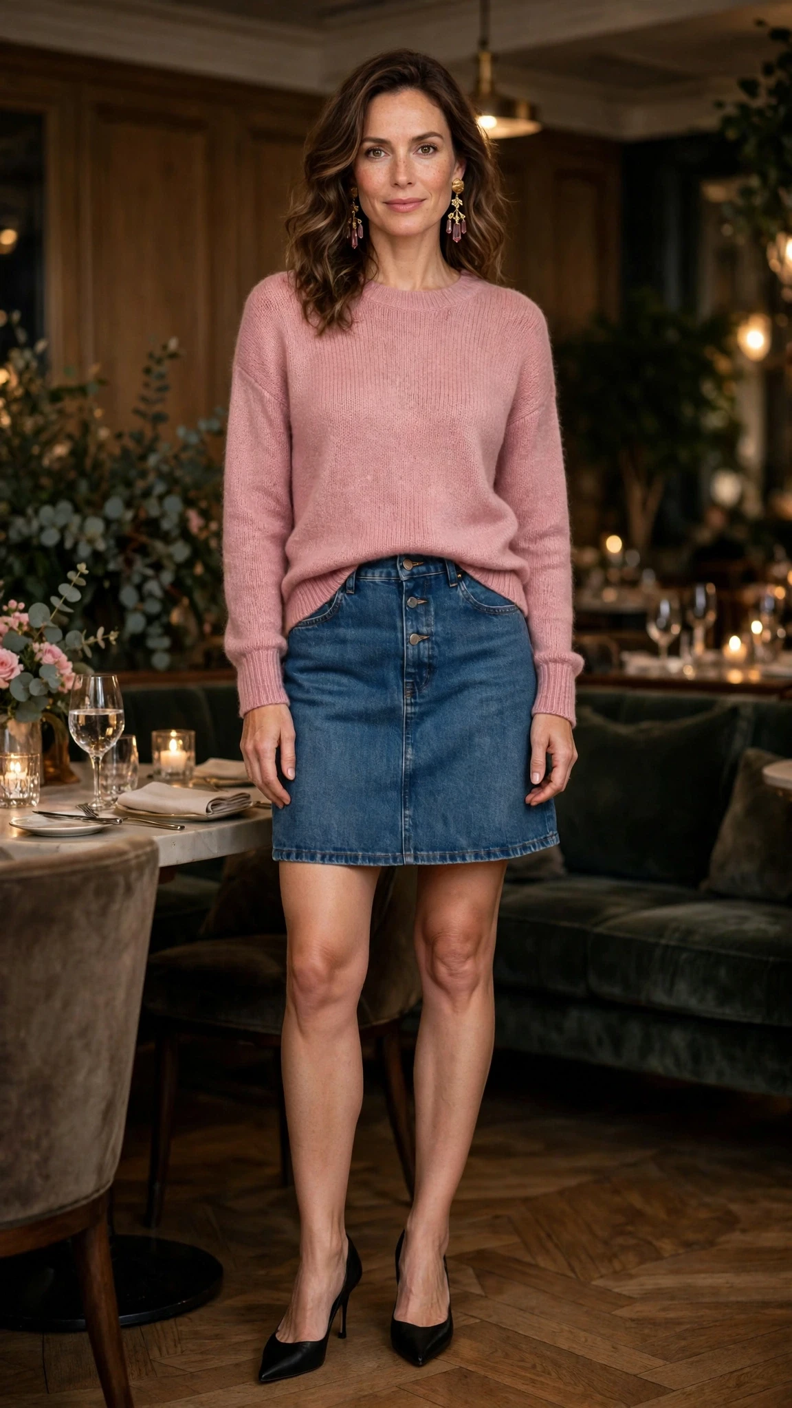 Dusty pink sweater and denim skirt outfit with black pointed heels and statement earrings