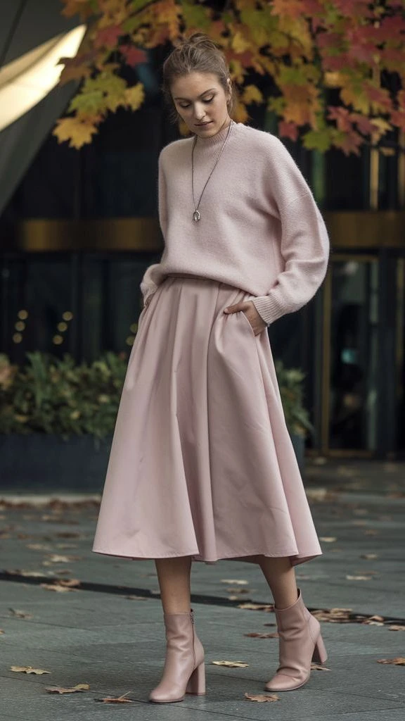 Pastel pink fine knit sweater outfit with a midi skirt, block-heel ankle boots and a slim leather belt
