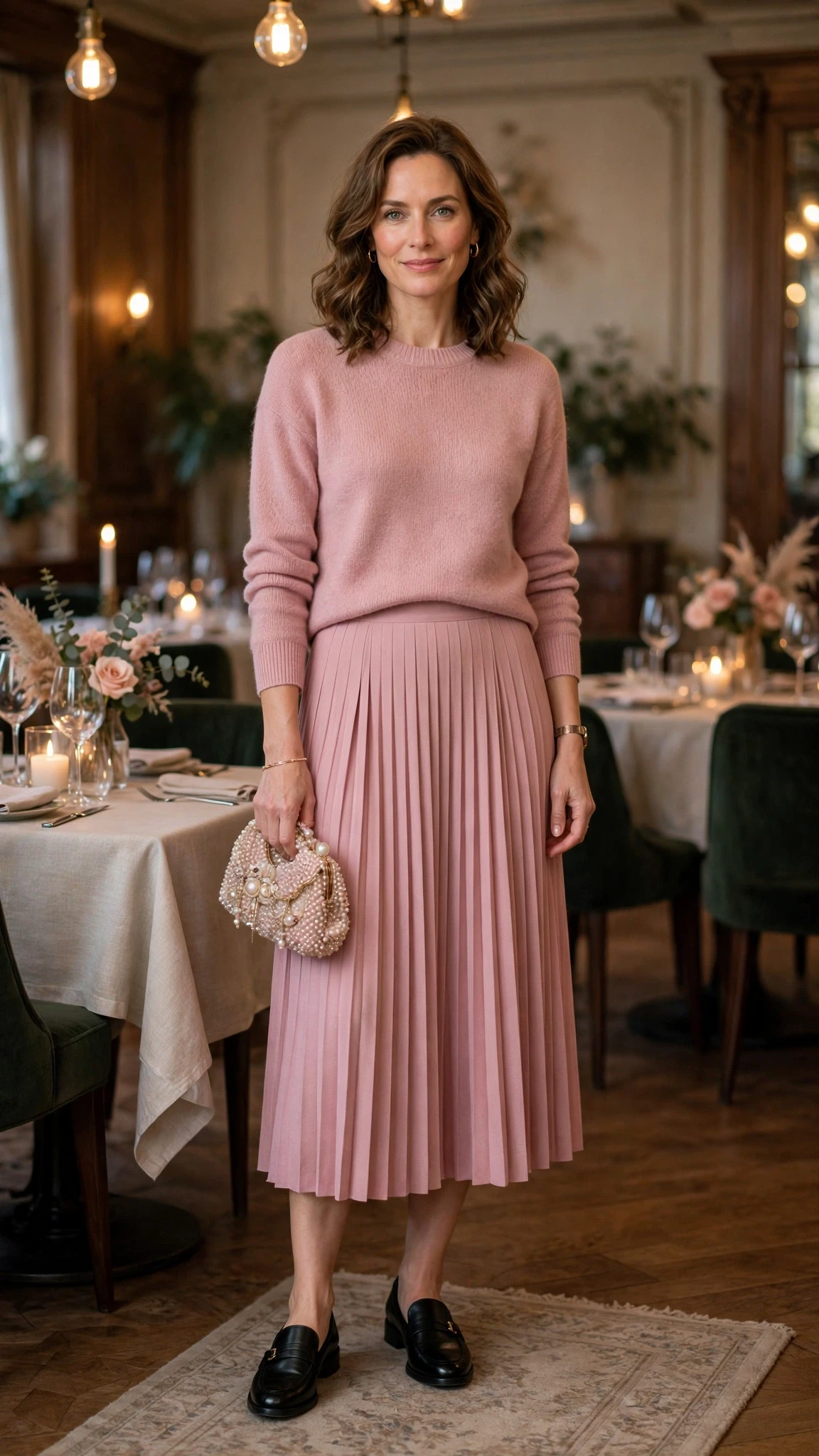 Dusty pink sweater and pleated skirt outfit with smart loafers and a beaded clutch