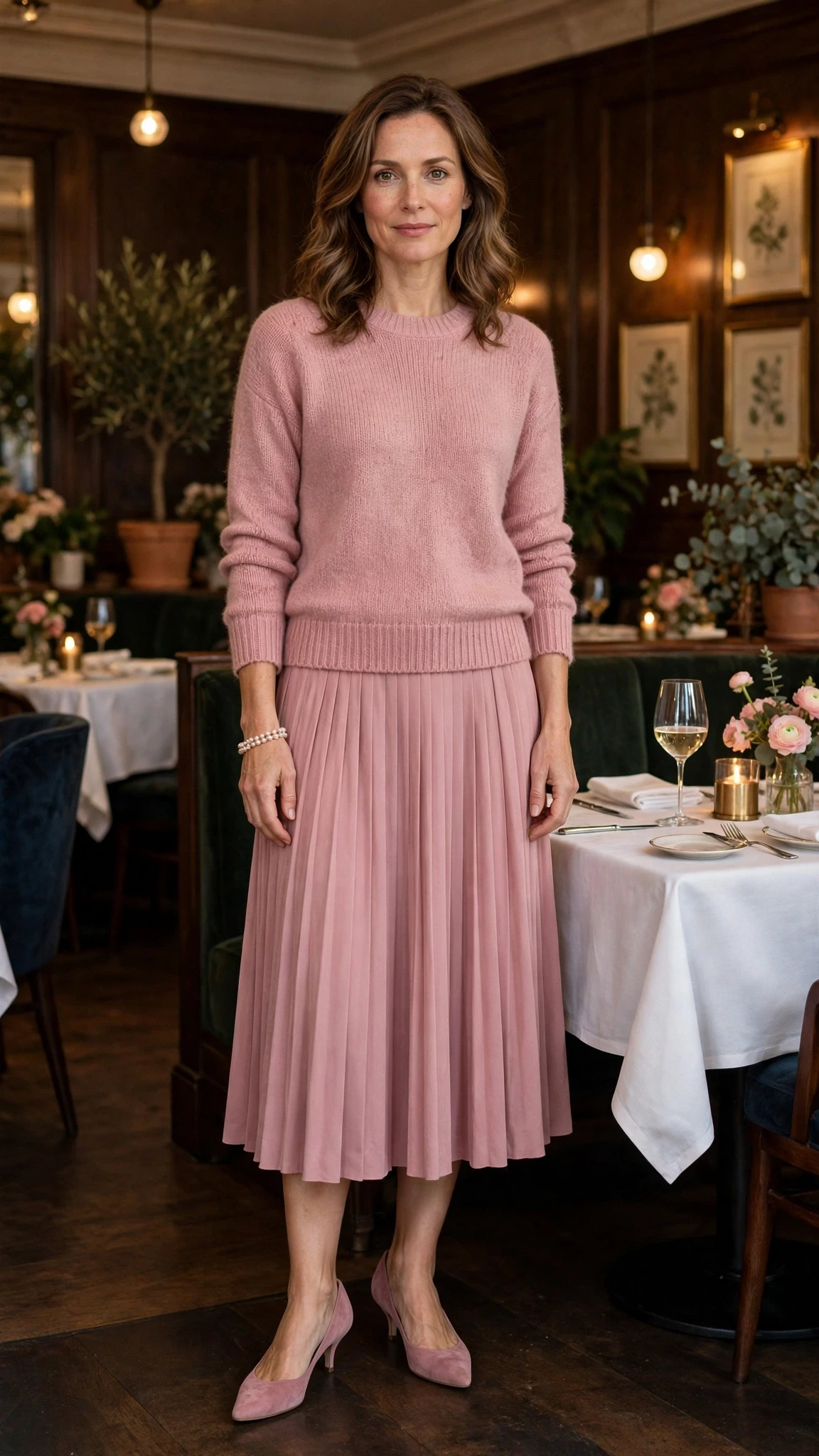 Dusty pink sweater and midi skirt outfit with kitten heels and a pearl bracelet