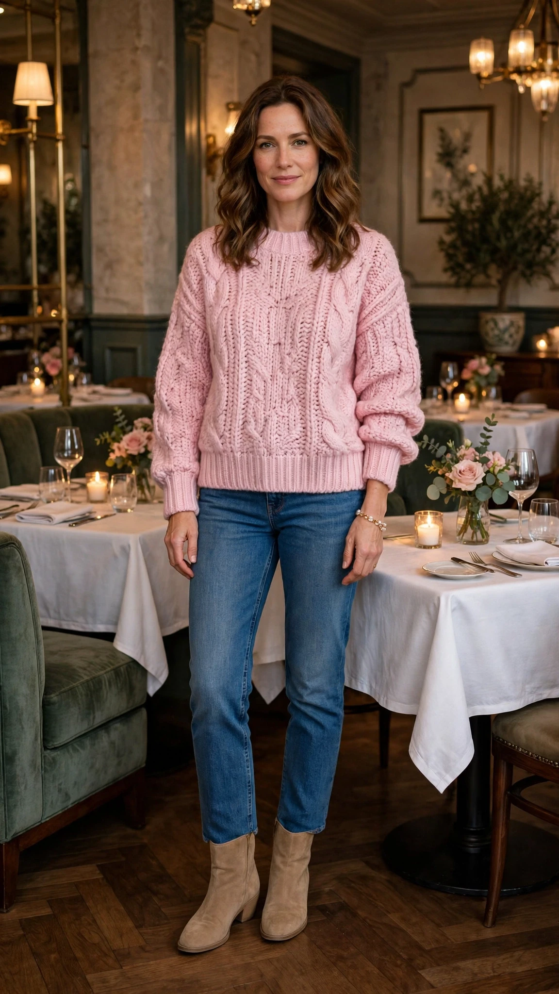 Pastel pink chunky sweater and jeans outfit with suede ankle boots and a pearl bracelet