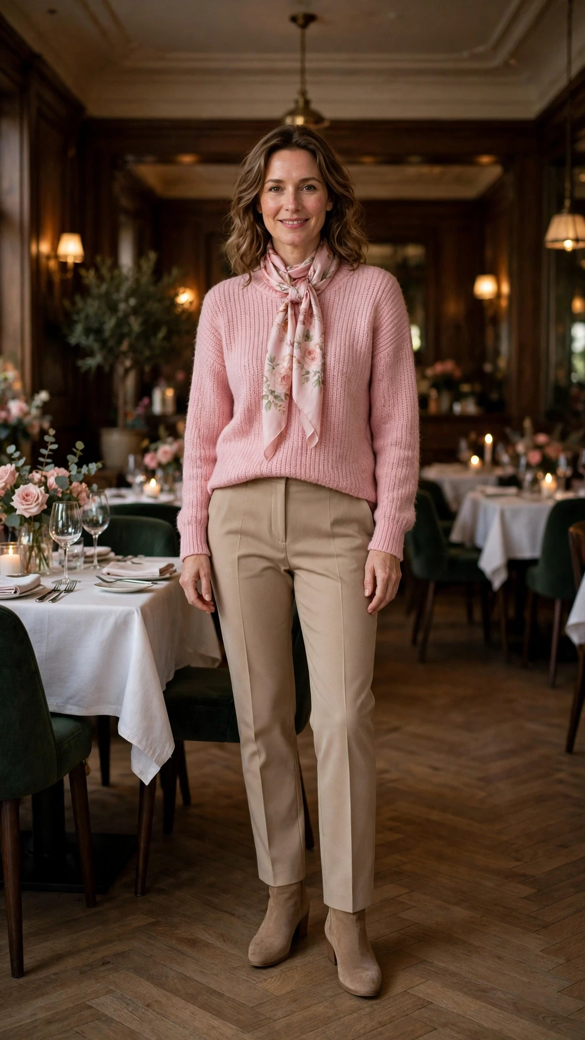 Soft pink sweater and straight trouser outfit with suede ankle boots and a silk scarf