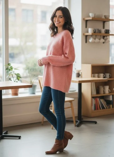 Blush pink chunky sweater and jeans outfit with leather ankle boots and a small structured clutch
