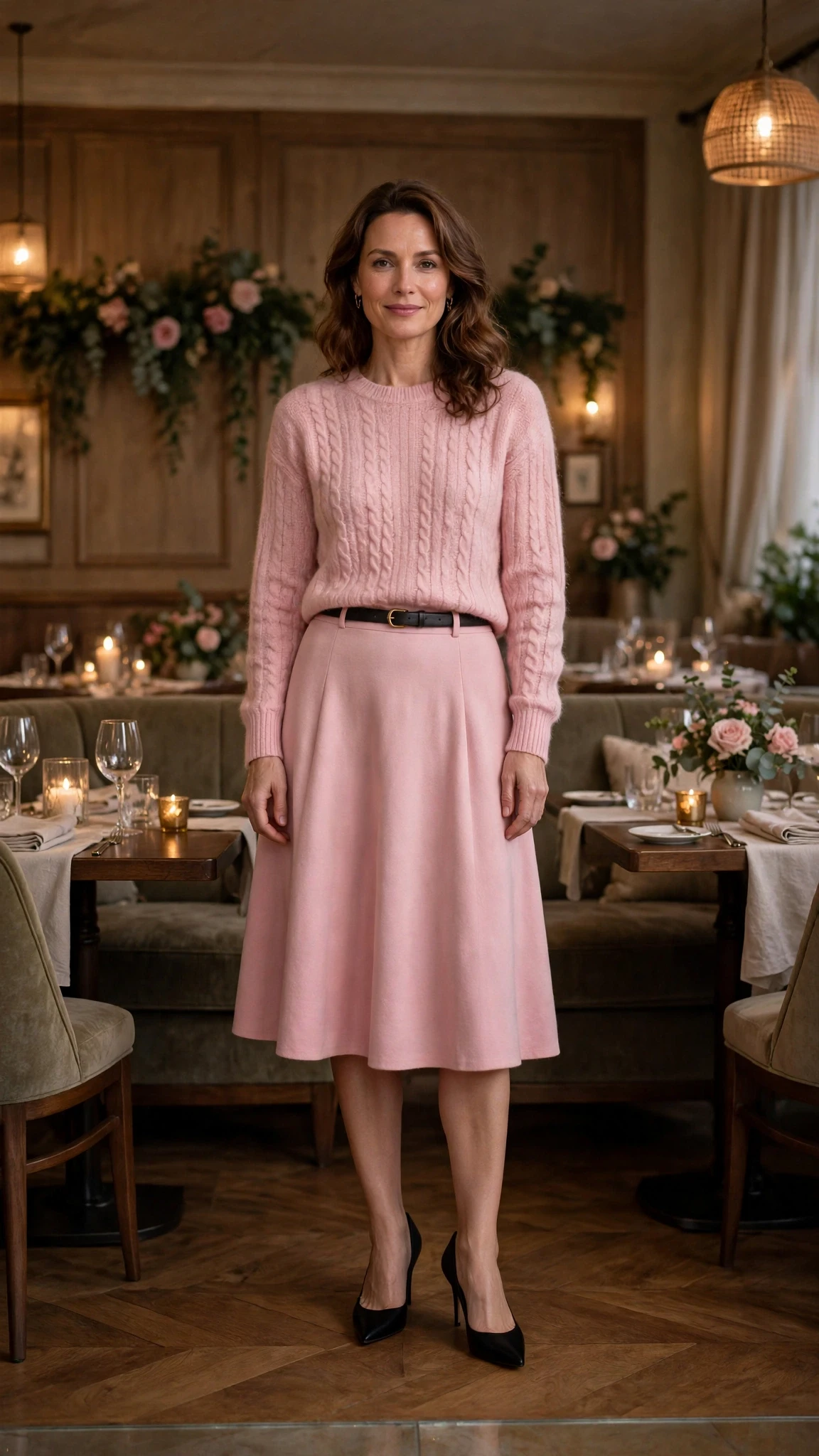 Soft pink sweater and A-line skirt outfit with black pointed heels and a slim leather belt