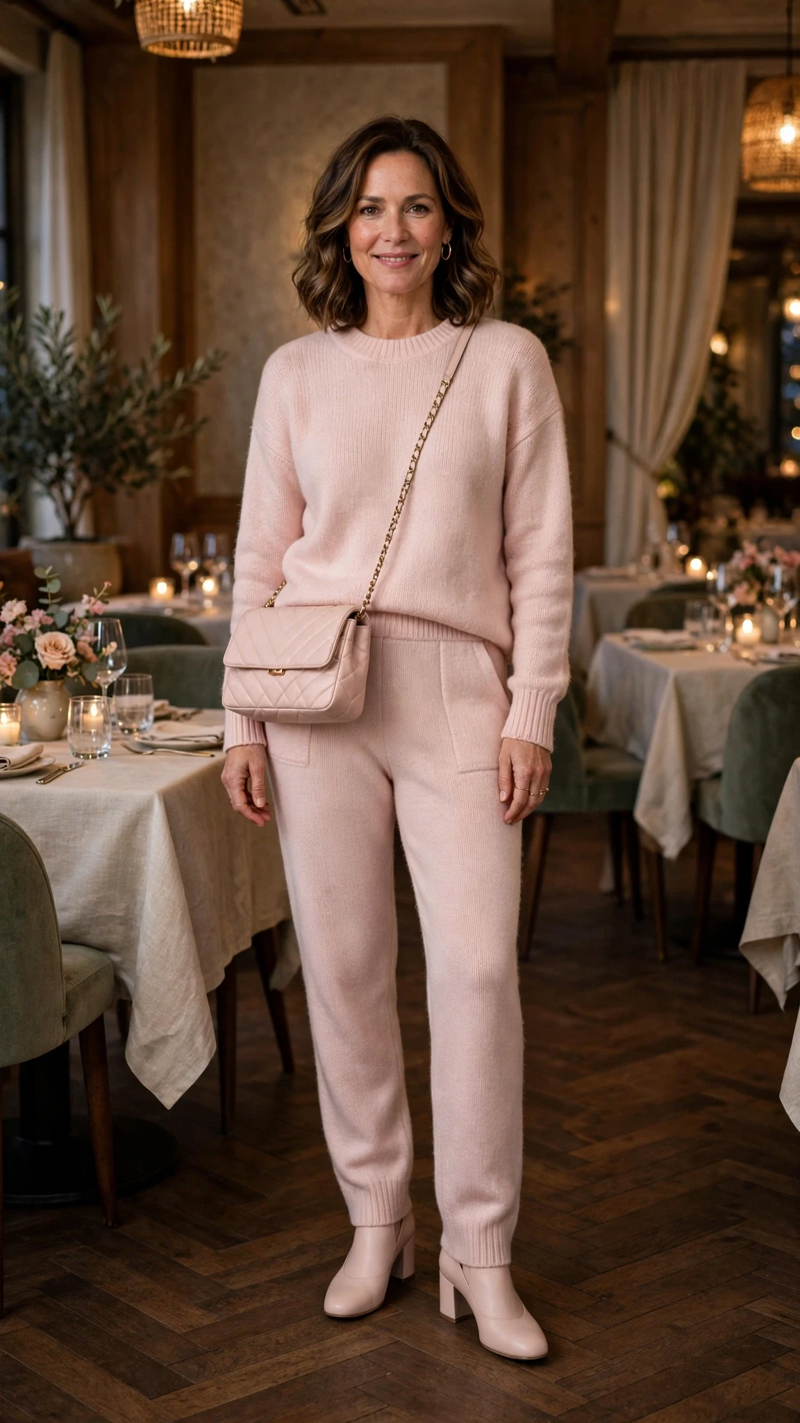 Pale pink knit sweater and trouser outfit with comfortable block heels and a chic crossbody bag