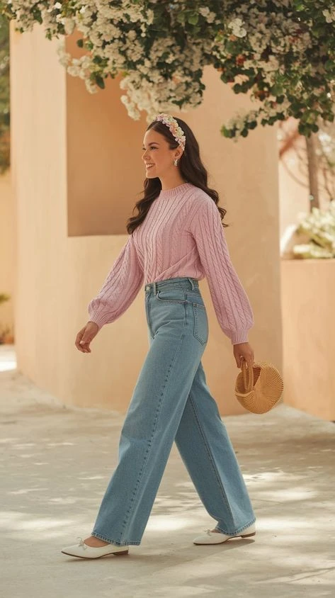 Pale pink chunky sweater and jeans outfit with pointed mules and statement earrings