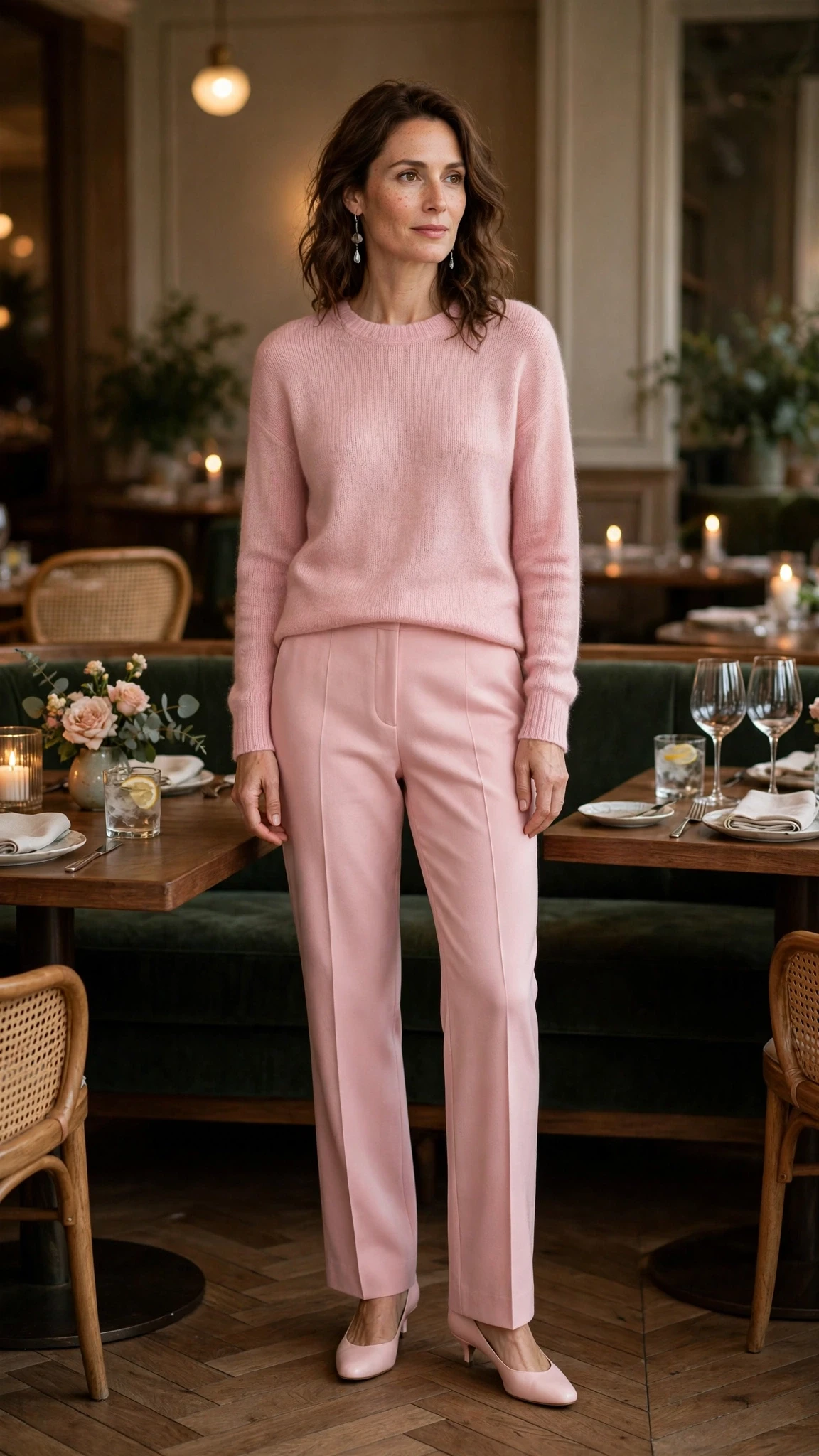 Soft pink fine knit sweater outfit with straight-leg trousers, low-heeled pumps and silver drop earrings