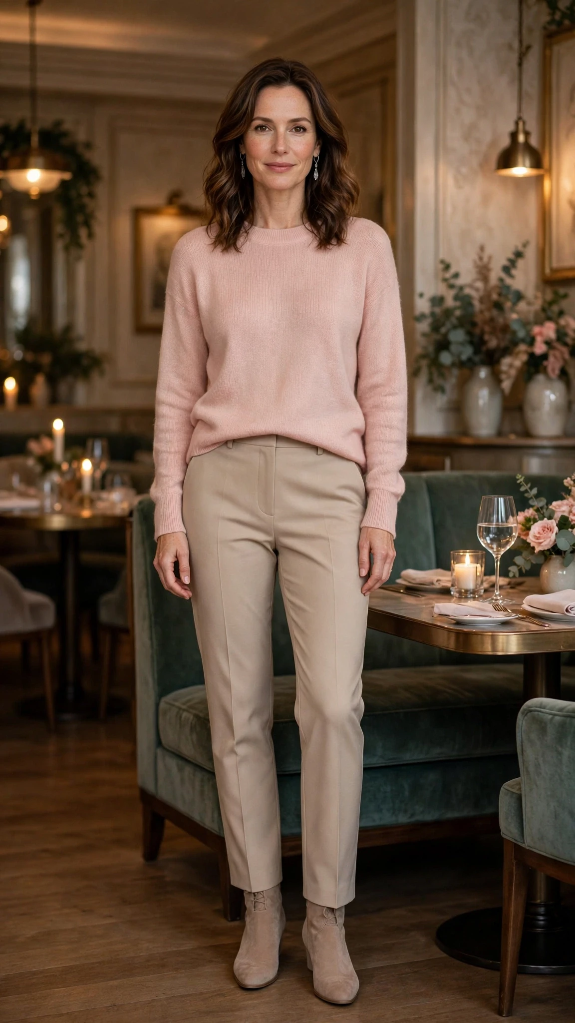 Blush pink sweater and straight trouser outfit with suede ankle boots and silver drop earrings