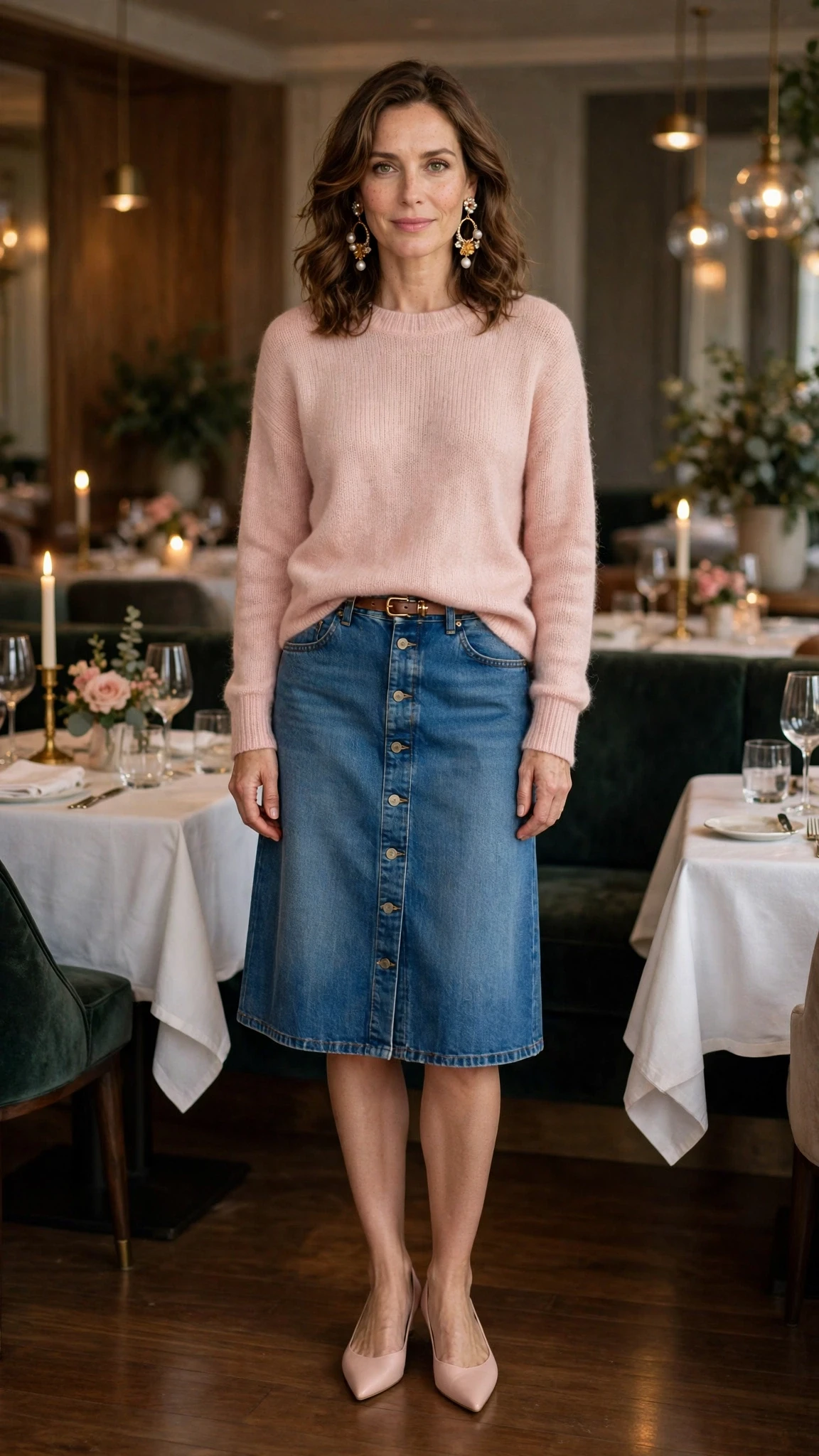 Blush pink sweater and denim skirt outfit with elegant pointed flats and statement earrings