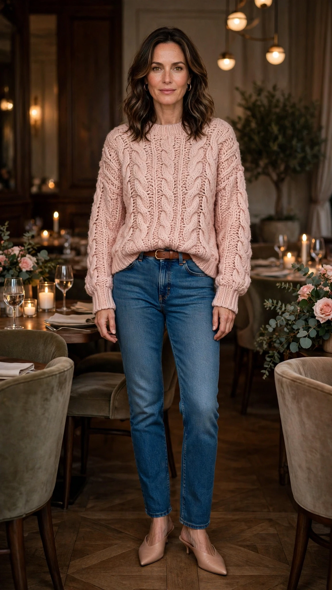 Blush pink chunky sweater and jeans outfit with pointed mules and a slim leather belt