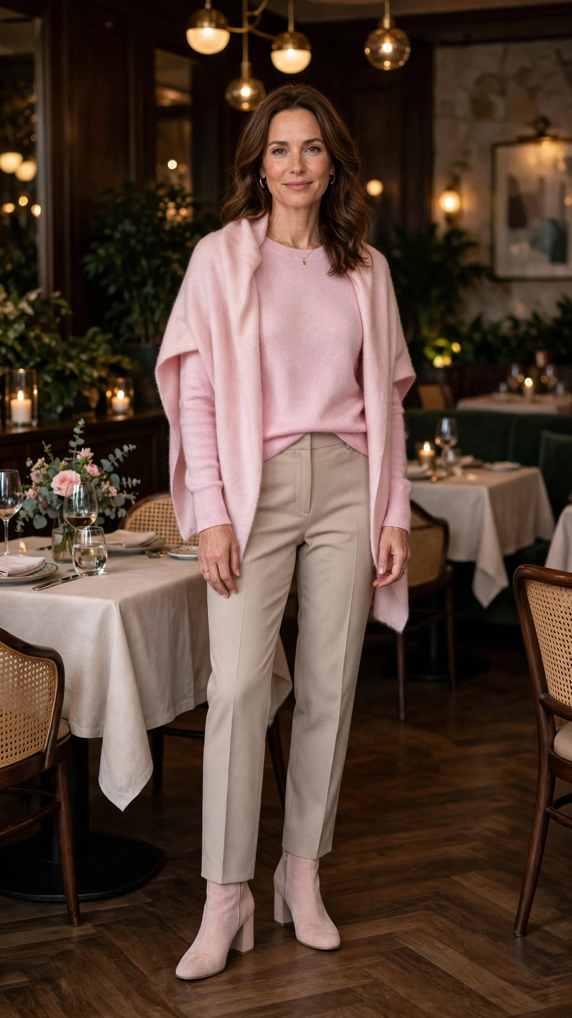 Pastel pink sweater and straight trouser outfit with block-heel ankle boots and a cashmere wrap