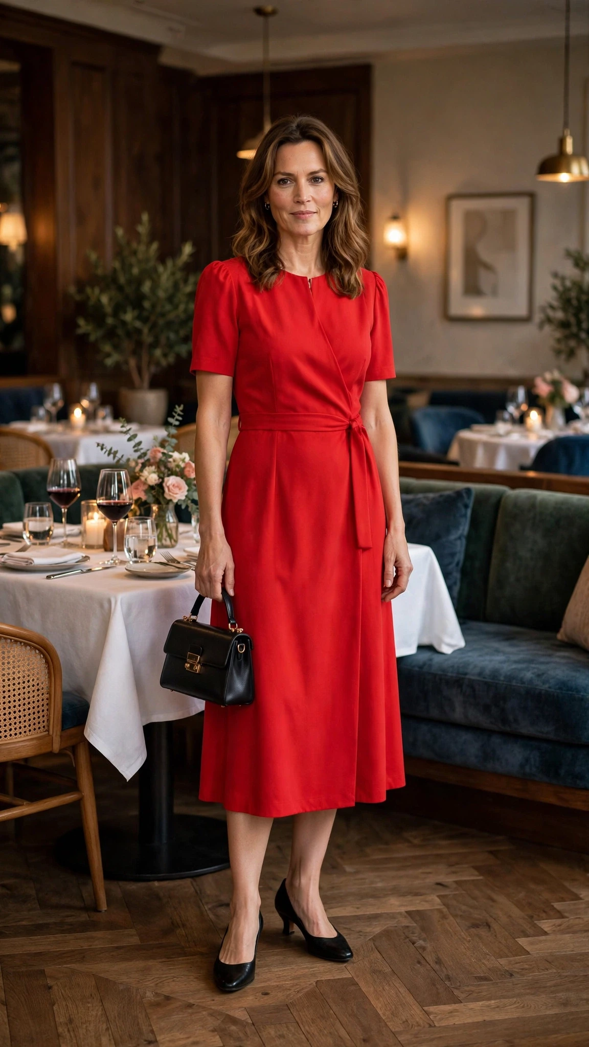 Bright red tea-length dress with low-heeled pumps and a small structured clutch