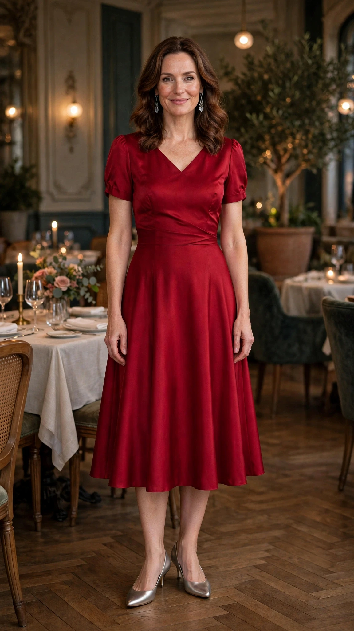 Ruby red tea-length dress with kitten heels and silver drop earrings