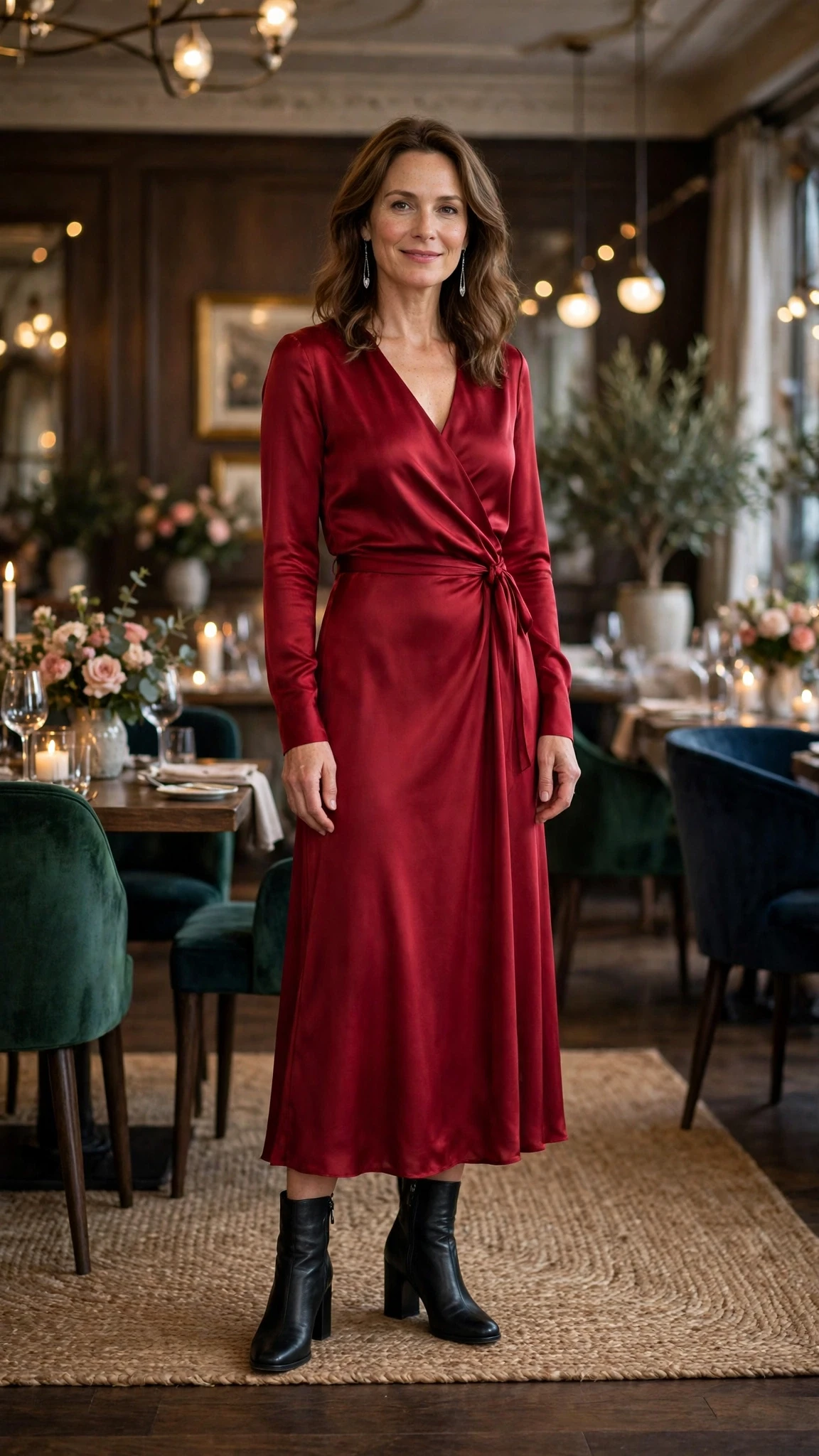 Ruby long-sleeve dress with block-heel ankle boots and silver drop earrings