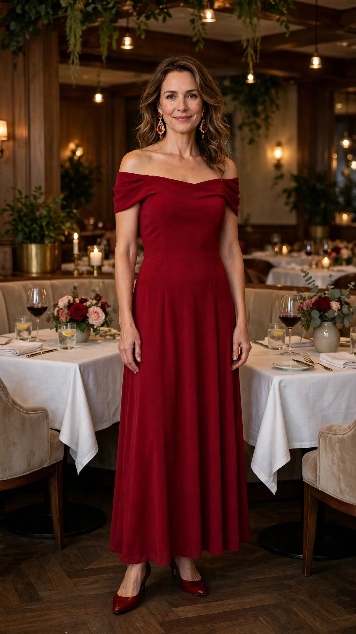 Deep red off-shoulder dress with low-heeled pumps and statement earrings