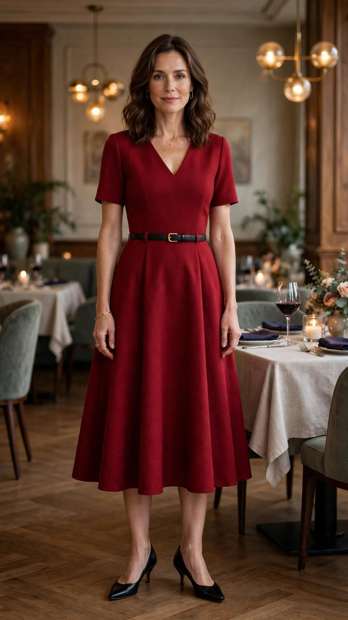 Deep red A-line dress with kitten heels and a slim leather belt