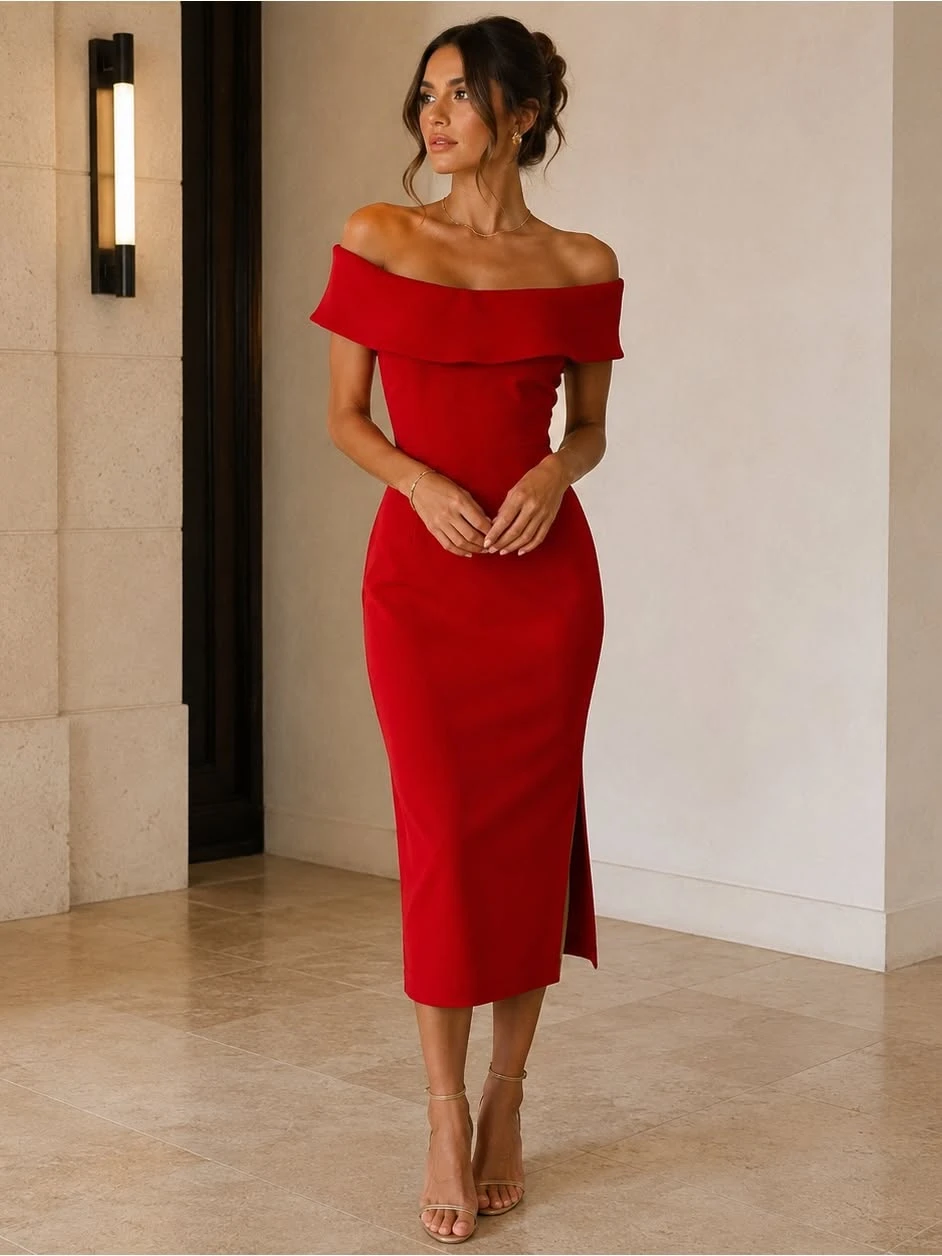 Ruby off-shoulder dress with elegant pointed flats and a delicate gold necklace
