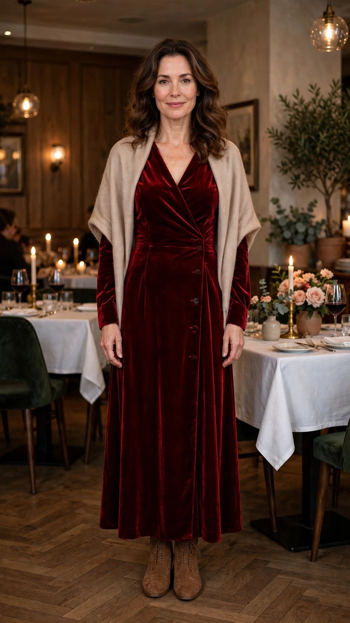 Cherry velvet dress with suede ankle boots and a cashmere wrap