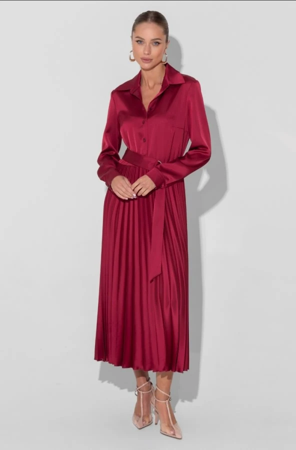 Scarlet pleated midi dress with elegant pointed flats and a silk scarf