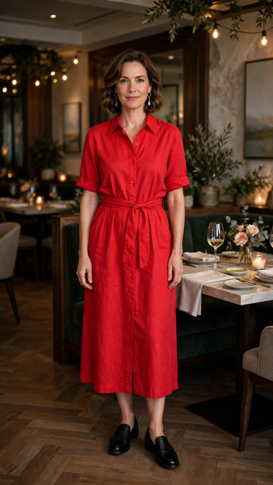 Bright red shirt dress with smart loafers and silver drop earrings