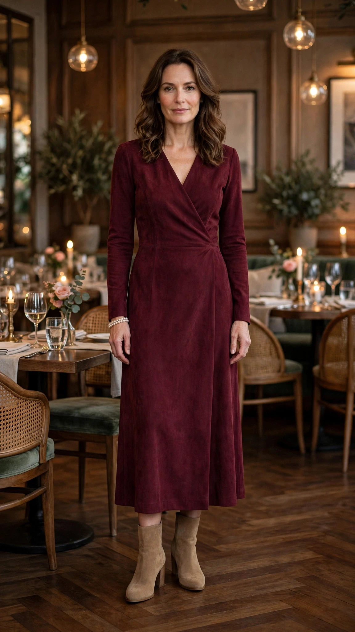 Burgundy long-sleeve dress with suede ankle boots and a pearl bracelet