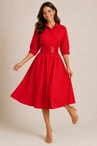Ruby red tea-length dress with low-heeled pumps and a slim leather belt