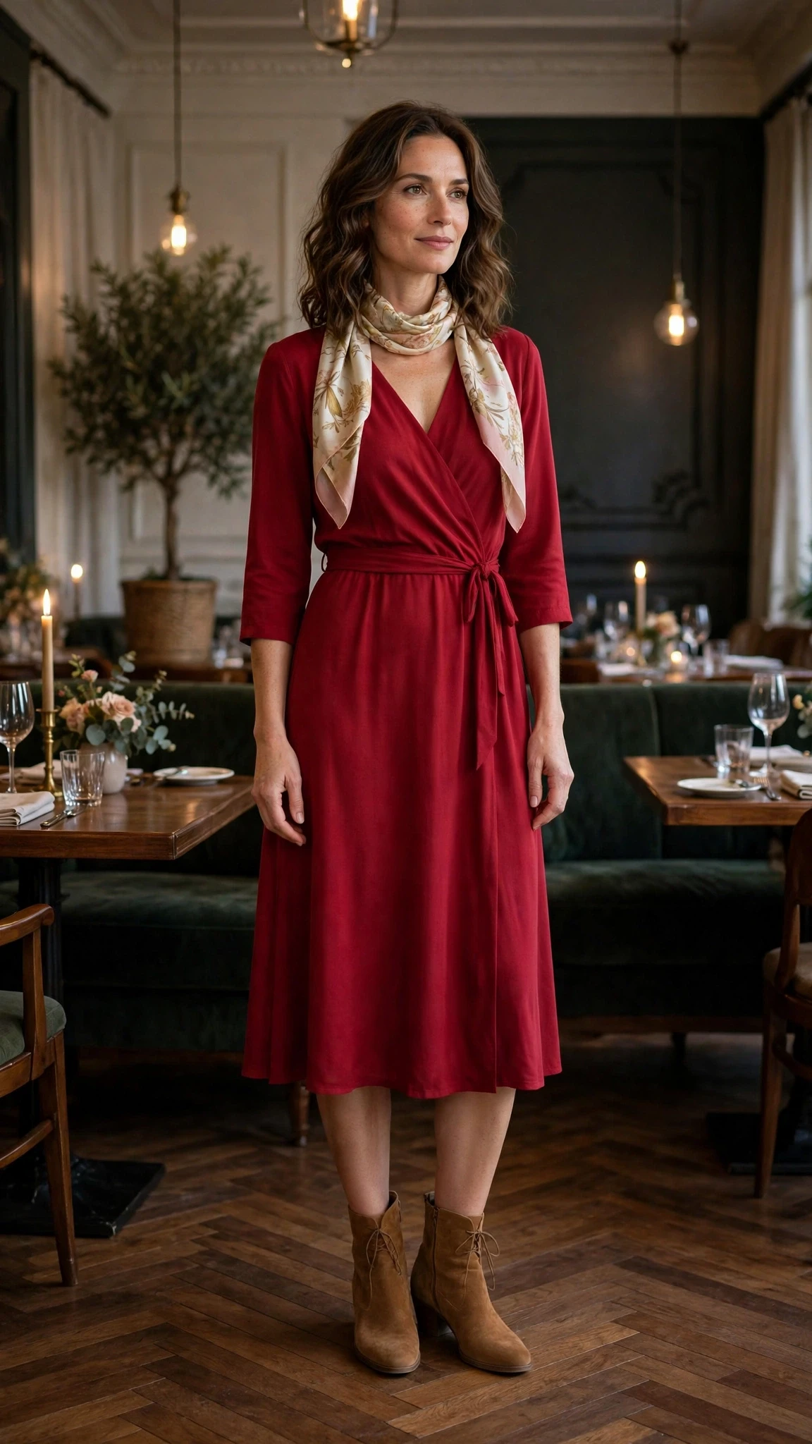 Ruby red tea-length dress with suede ankle boots and a silk scarf
