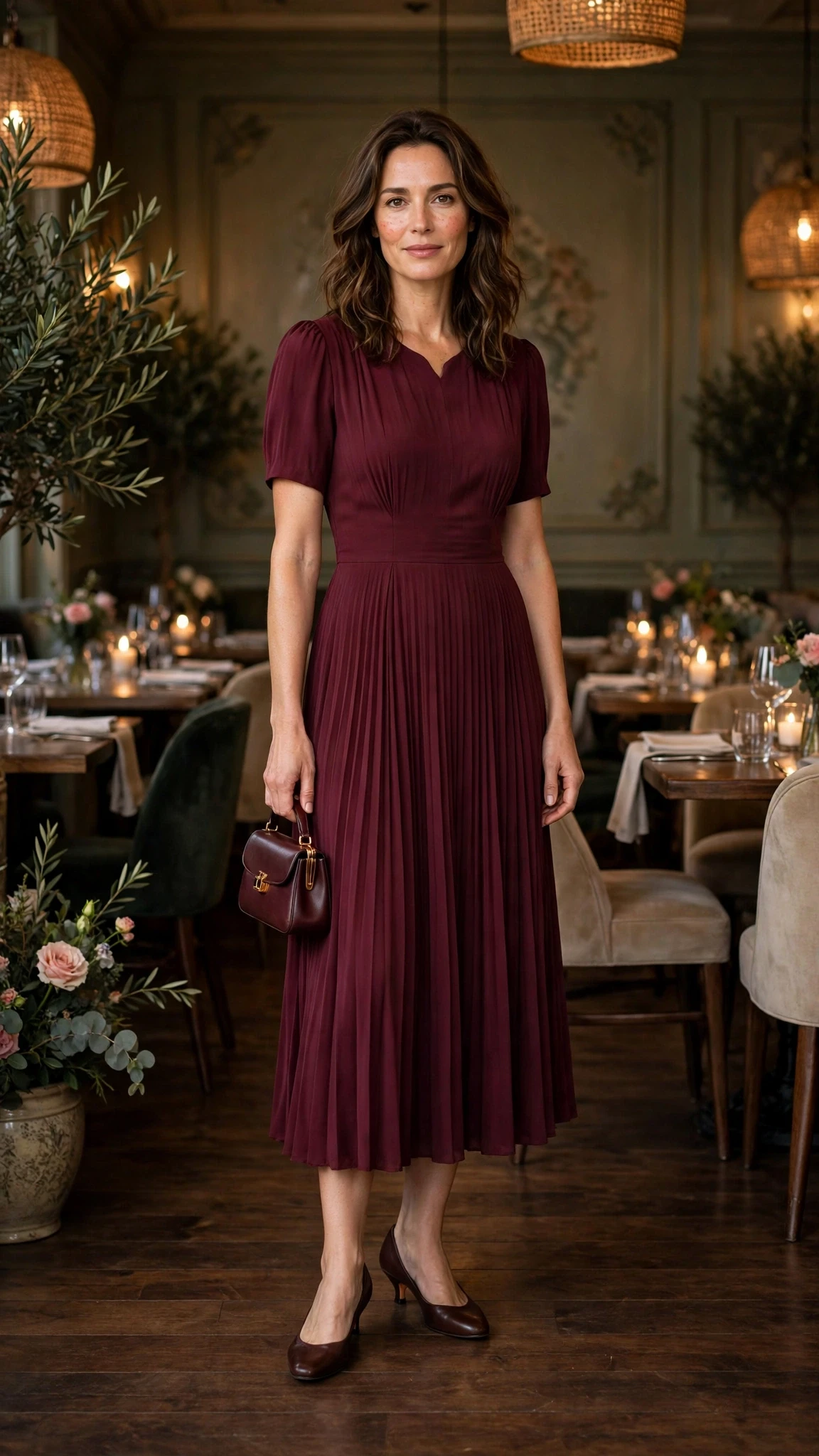 Wine pleated midi dress with low-heeled pumps and a small structured clutch