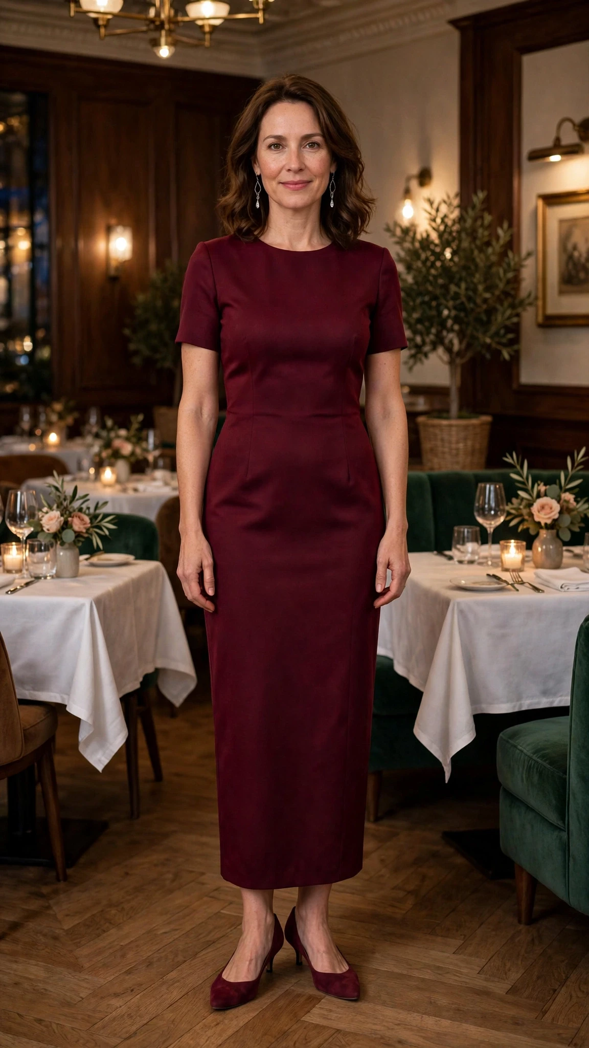 Burgundy sheath dress with kitten heels and silver drop earrings