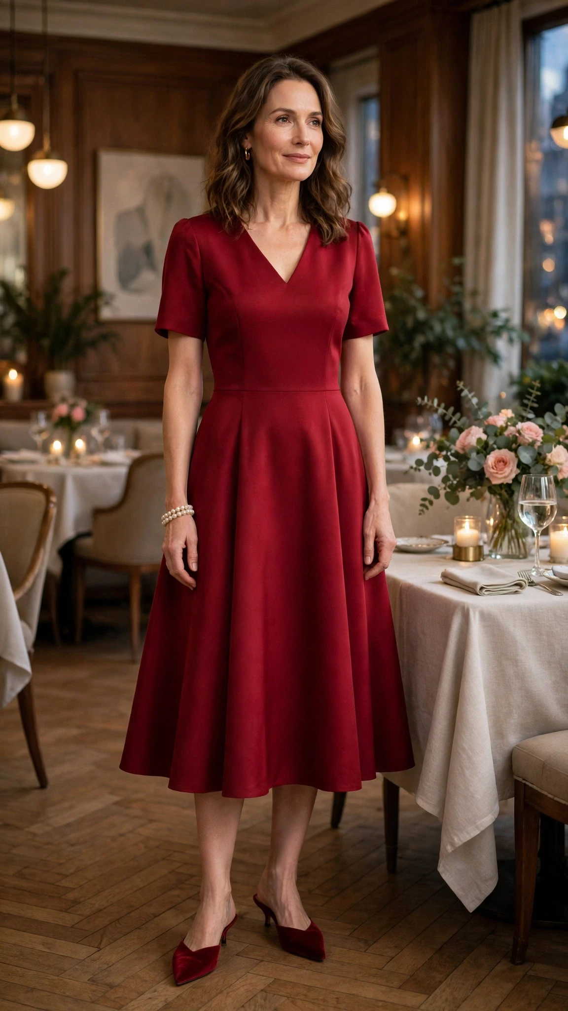 Deep red A-line dress with pointed mules and a pearl bracelet