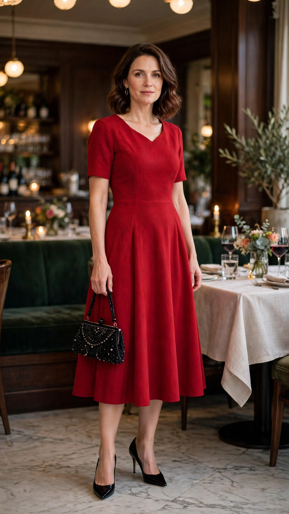 Scarlet red tea-length dress with black pointed heels and a beaded clutch