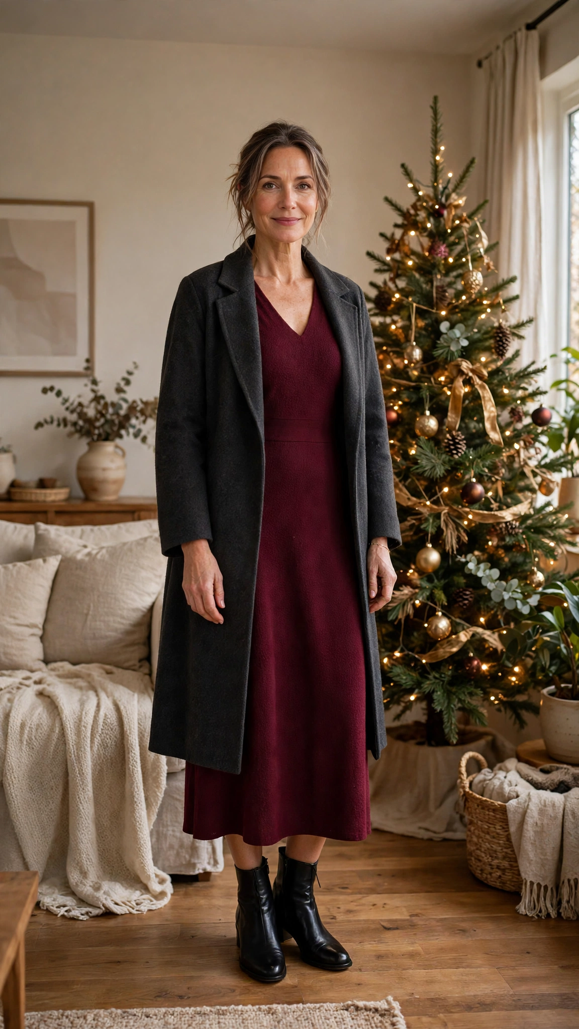 33 Women Over 40 Red Midi Dress Outfits for Family Christmas That Are Chic, Warm and Elegant 3 Burgundy Midi Dress with a Charcoal Coat and Black Ankle Boots