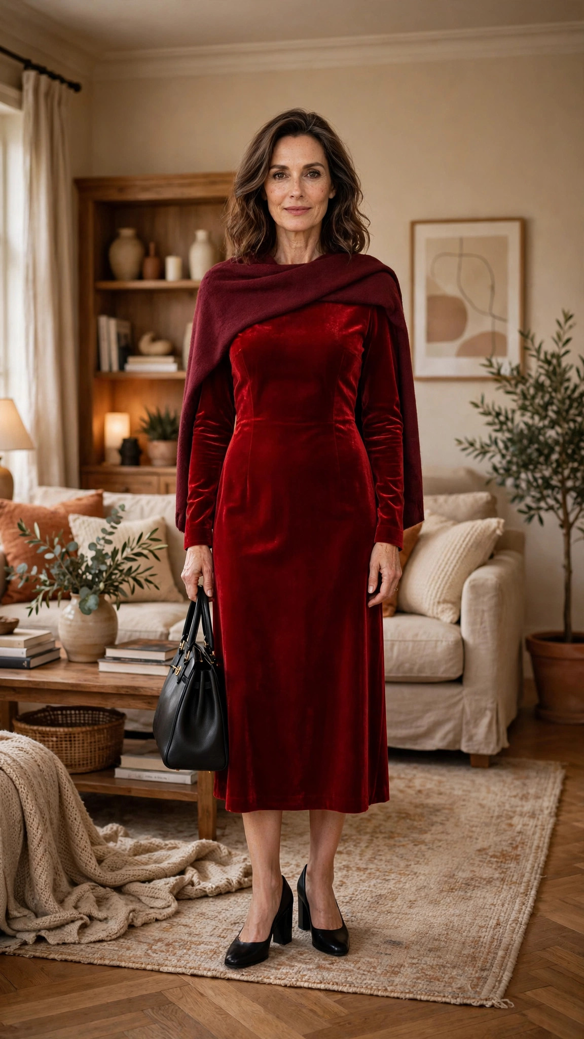 33 Women Over 40 Red Midi Dress Outfits for Family Christmas That Are Chic, Warm and Elegant 7 Red Velvet Midi Dress with a Burgundy Shawl and Black Block Heels