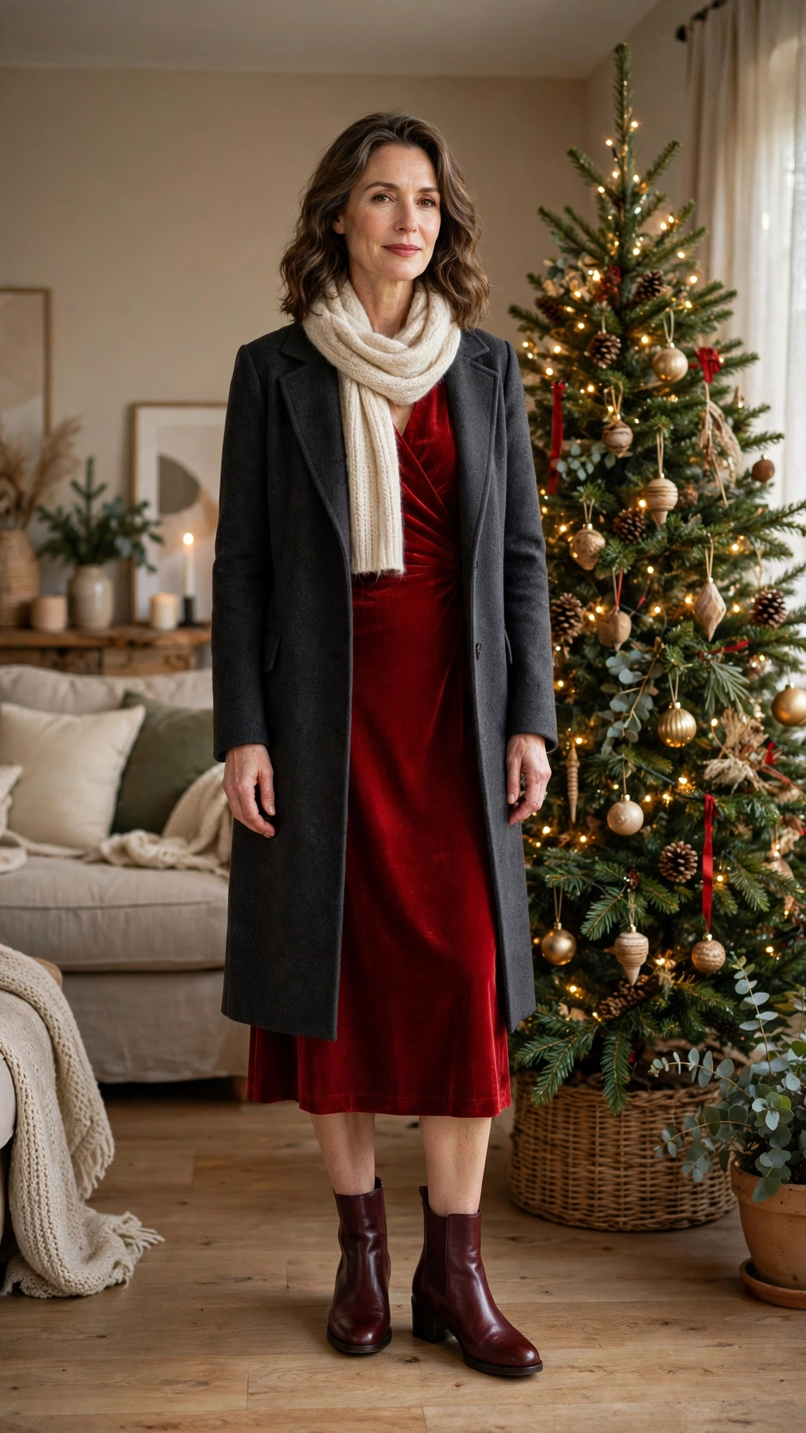 33 Women Over 40 Red Midi Dress Outfits for Family Christmas That Are Chic, Warm and Elegant 8 Red Velvet Midi Dress with a Charcoal Coat and Burgundy Boots