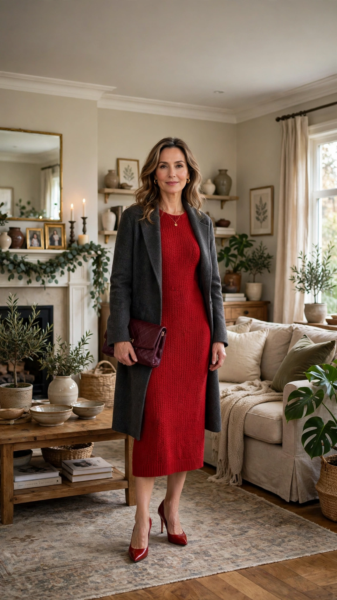 33 Women Over 40 Red Midi Dress Outfits for Family Christmas That Are Chic, Warm and Elegant 10 Red Knit Midi Dress with a Charcoal Coat and Red Heels