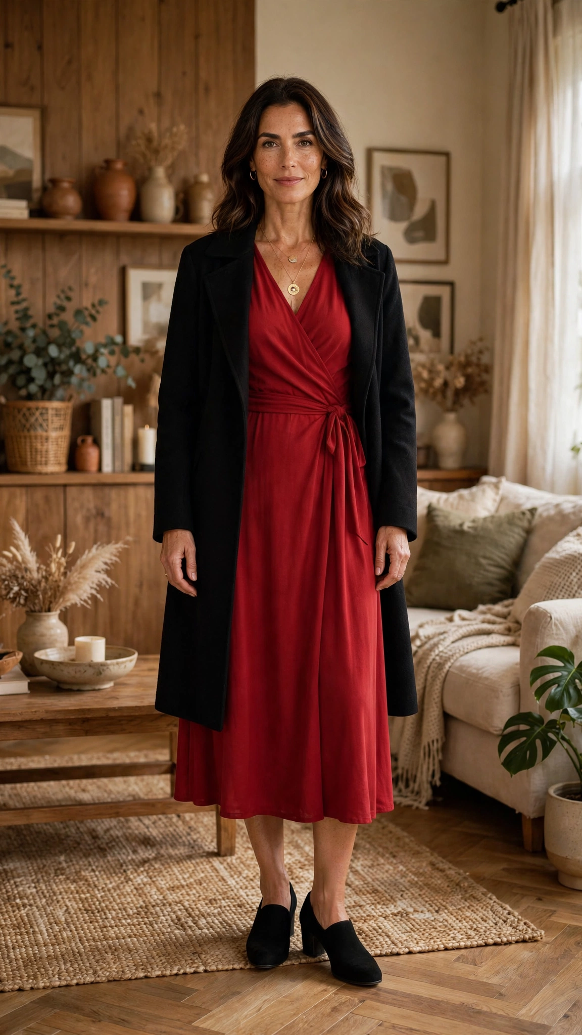 33 Women Over 40 Red Midi Dress Outfits for Family Christmas That Are Chic, Warm and Elegant 12 Red Wrap Midi Dress with a Black Coat and Black Comfortable Heels