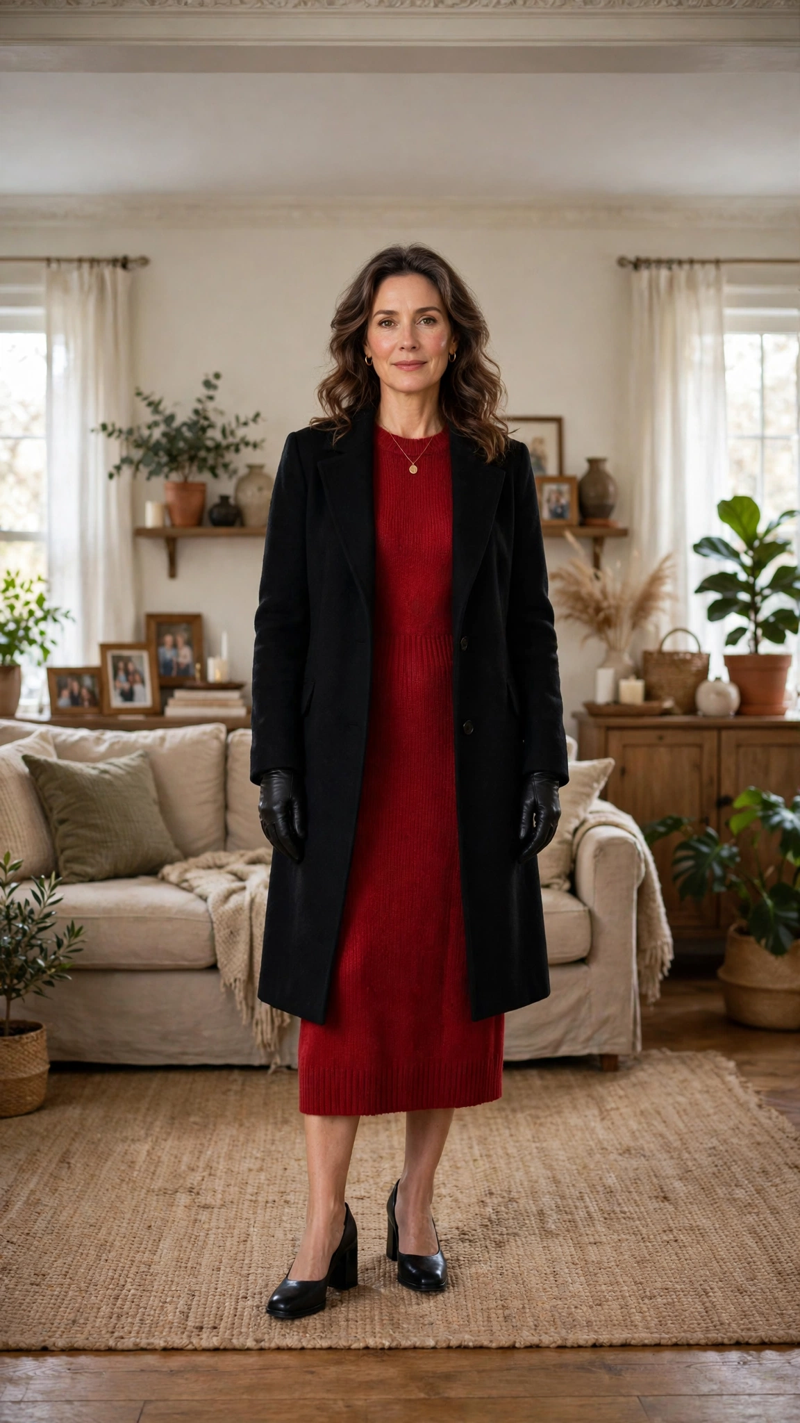 33 Women Over 40 Red Midi Dress Outfits for Family Christmas That Are Chic, Warm and Elegant 15 Red Knit Midi Dress with a Black Coat and Black Block Heels