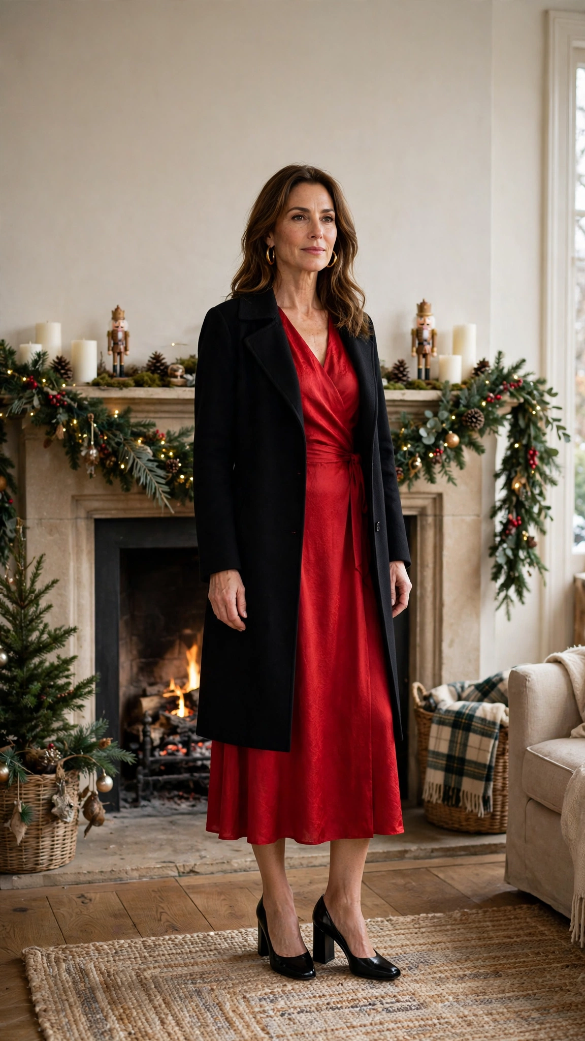 33 Women Over 40 Red Midi Dress Outfits for Family Christmas That Are Chic, Warm and Elegant 16 Red Midi Dress with a Black Coat and Black Block Heels