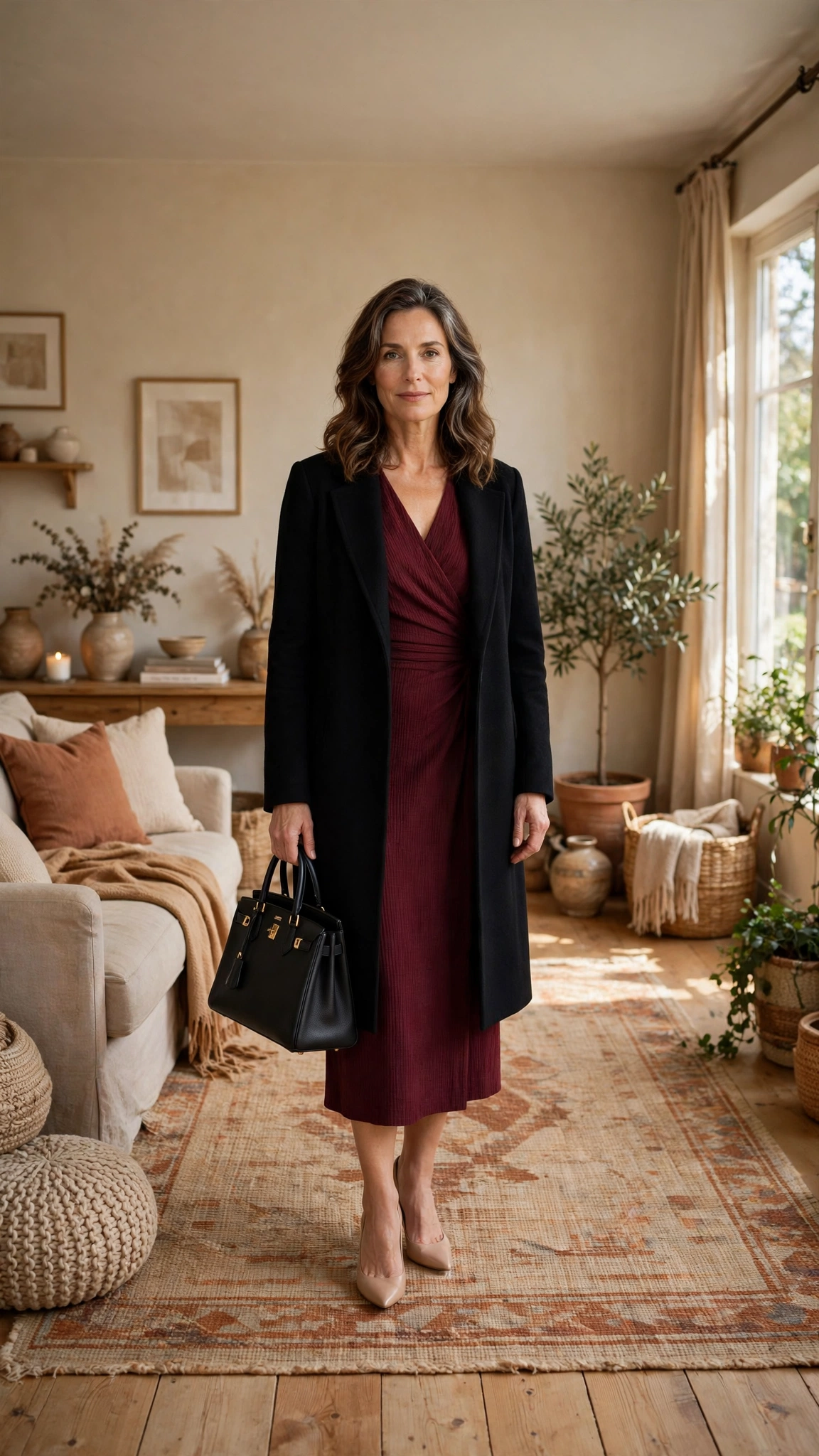 33 Women Over 40 Red Midi Dress Outfits for Family Christmas That Are Chic, Warm and Elegant 17 Burgundy Midi Dress with a Black Coat and Nude Pumps
