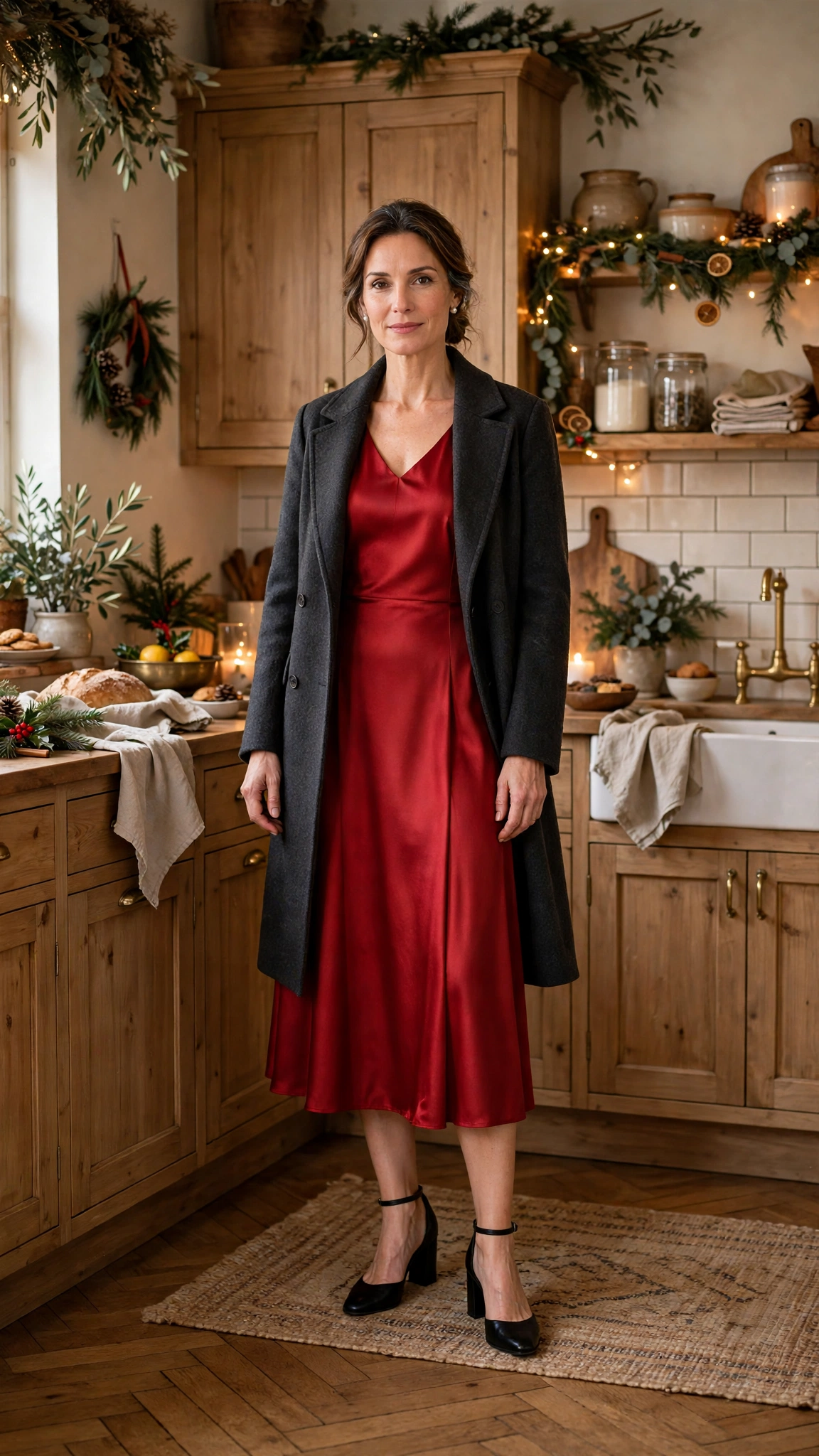 33 Women Over 40 Red Midi Dress Outfits for Family Christmas That Are Chic, Warm and Elegant 19 Red Satin Midi Dress with a Charcoal Coat and Black Block Heels
