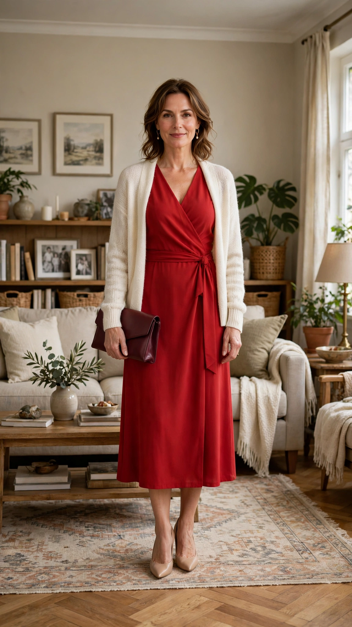 33 Women Over 40 Red Midi Dress Outfits for Family Christmas That Are Chic, Warm and Elegant 20 Red Wrap Midi Dress with a Cream Cardigan and Nude Pumps