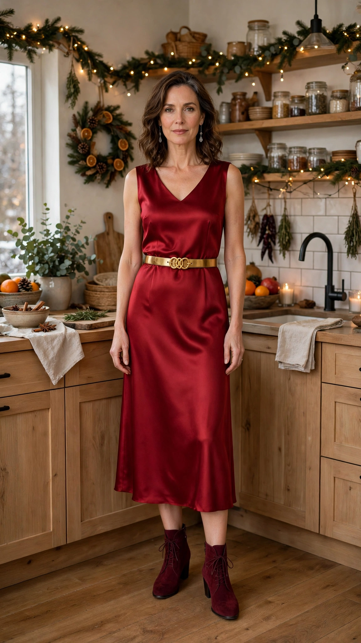 33 Women Over 40 Red Midi Dress Outfits for Family Christmas That Are Chic, Warm and Elegant 24 Red Satin Midi Dress with a Gold Belt and Burgundy Boots