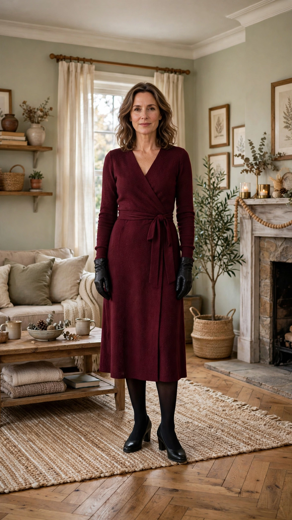 33 Women Over 40 Red Midi Dress Outfits for Family Christmas That Are Chic, Warm and Elegant 25 Burgundy Midi Dress with Black Tights and Black Comfortable Heels