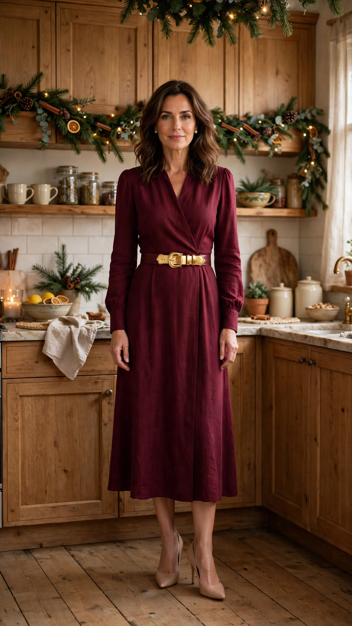 33 Women Over 40 Red Midi Dress Outfits for Family Christmas That Are Chic, Warm and Elegant 29 Burgundy Midi Dress with a Gold Belt and Nude Pumps