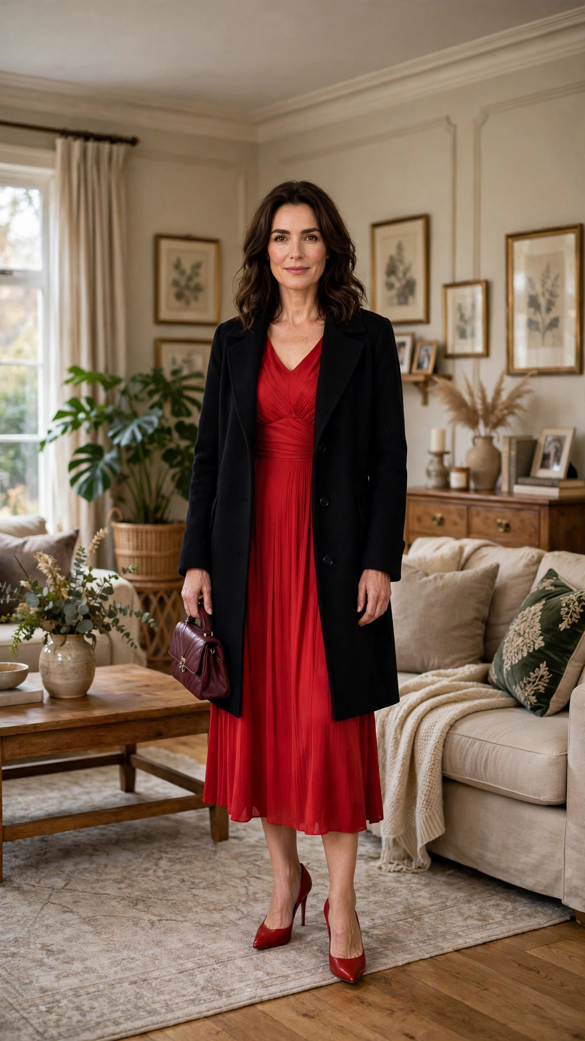 33 Women Over 40 Red Midi Dress Outfits for Family Christmas That Are Chic, Warm and Elegant 30 Red Midi Dress with a Black Coat and Red Heels