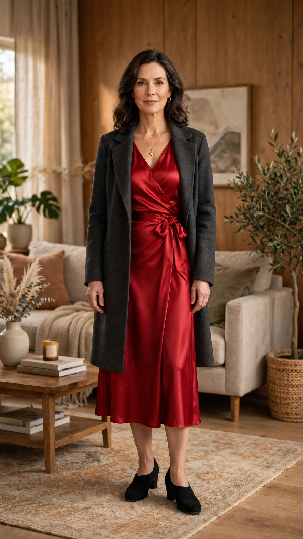33 Women Over 40 Red Midi Dress Outfits for Family Christmas That Are Chic, Warm and Elegant 32 Red Satin Midi Dress with a Charcoal Coat and Black Comfortable Heels