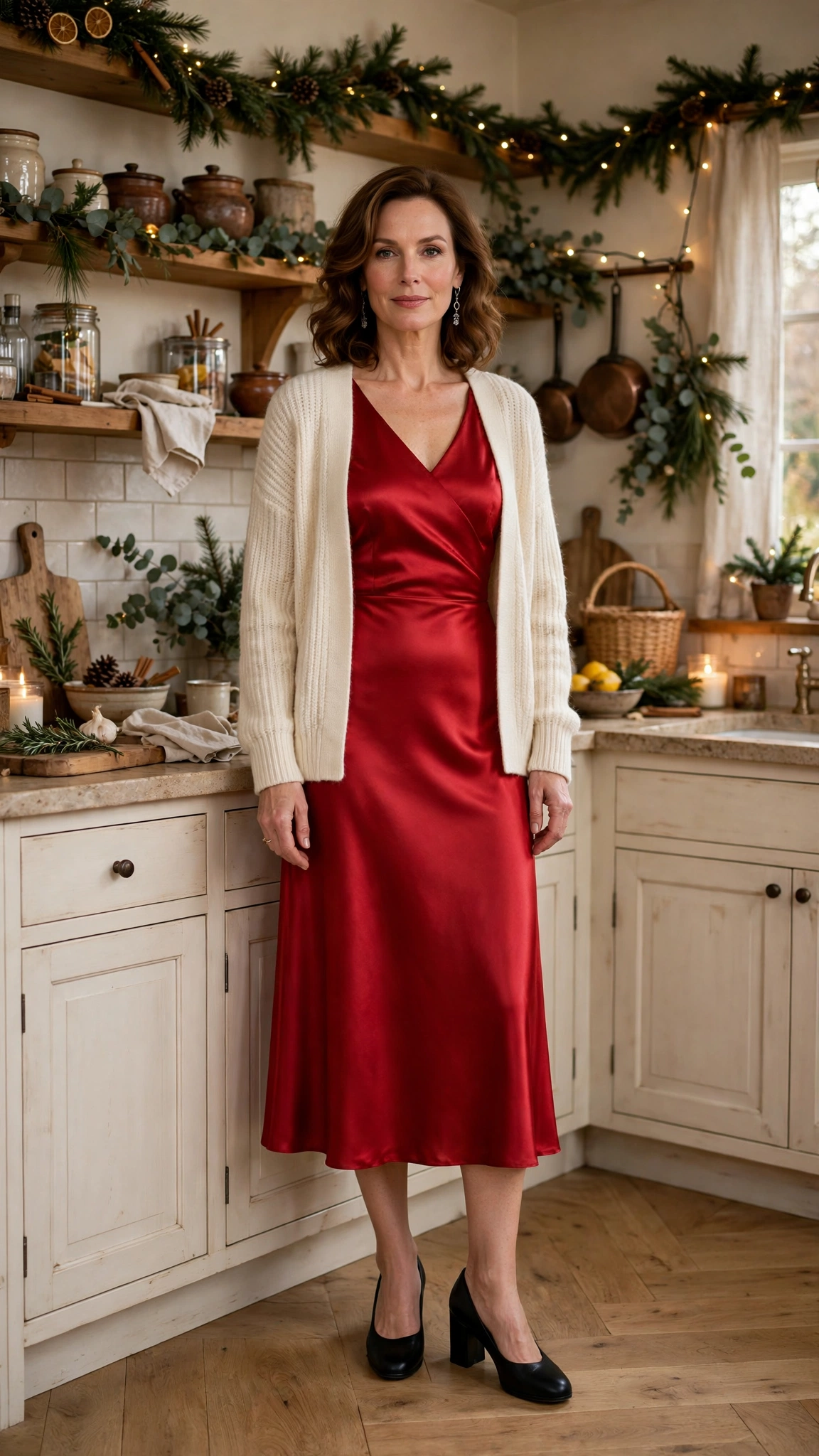33 Women Over 40 Red Midi Dress Outfits for Family Christmas That Are Chic, Warm and Elegant 34 Red Satin Midi Dress with a Cream Cardigan and Black Comfortable Heels
