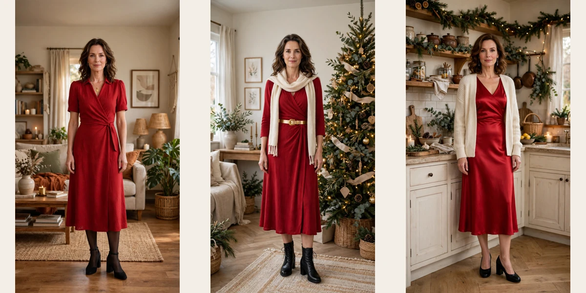 33 Women Over 40 Red Midi Dress Outfits for Family Christmas That Are Chic, Warm and Elegant