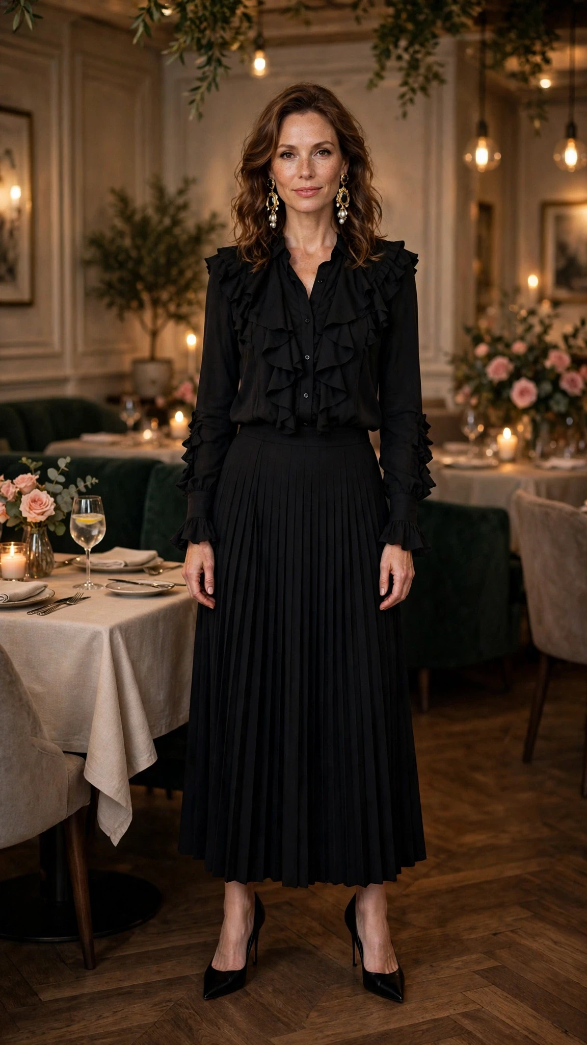 Black ruffle blouse and pleated skirt outfit with black pointed heels and statement earrings