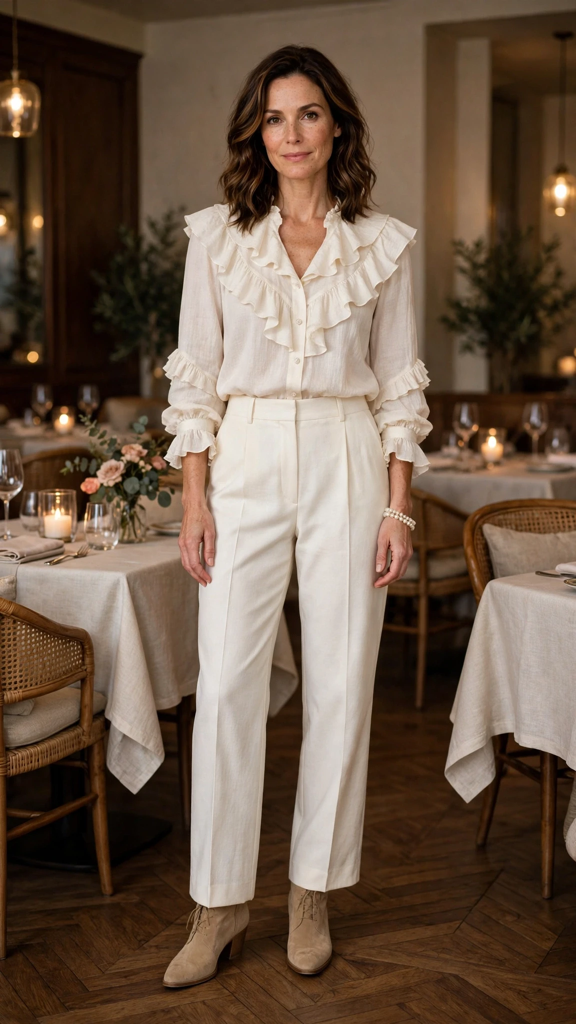 Ivory ruffle blouse and trouser outfit with suede ankle boots and a pearl bracelet